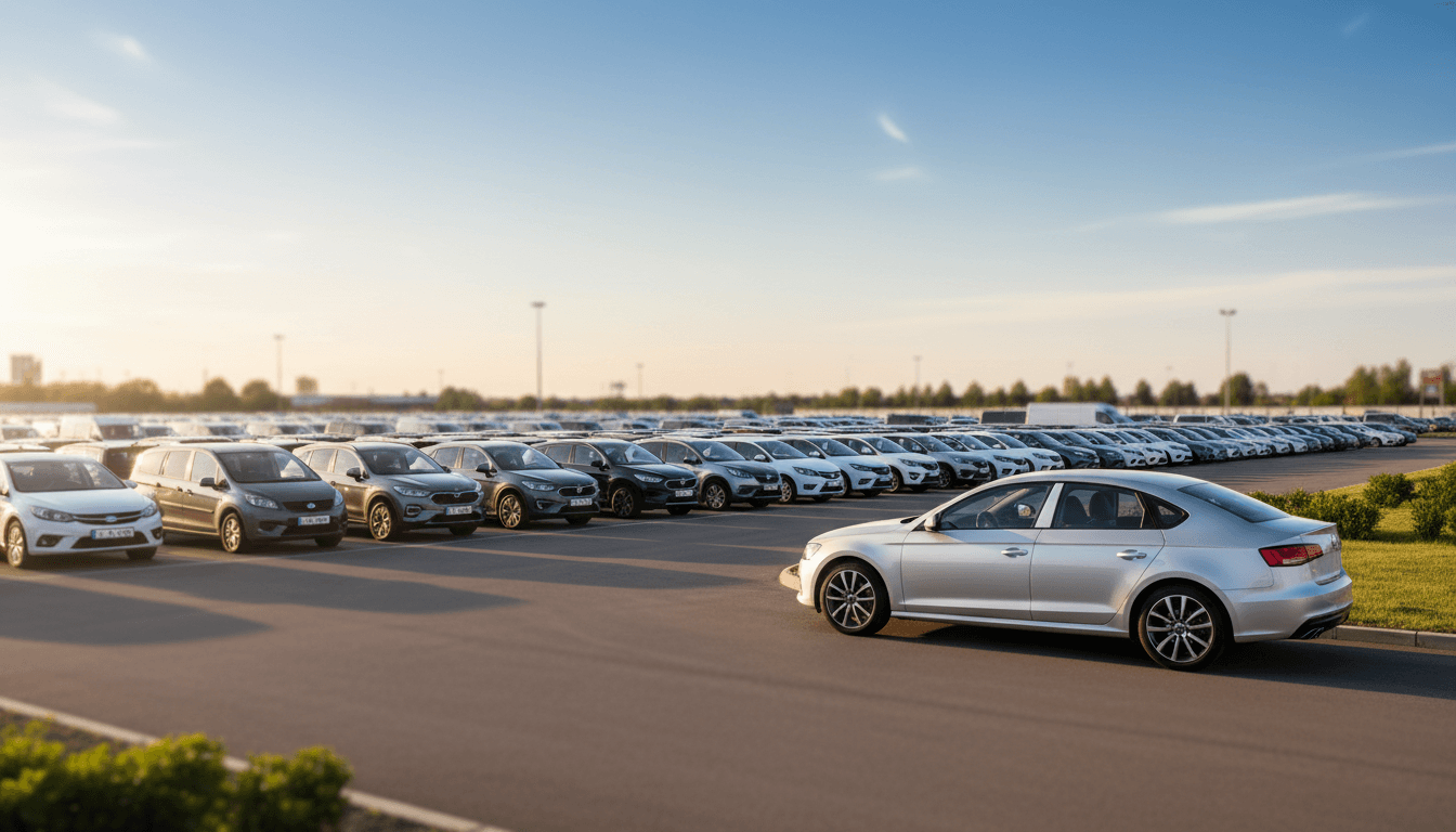 Wide outdoor vehicle lot with rows of diverse imported cars and SUVs arranged in organized lines under golden sunlight