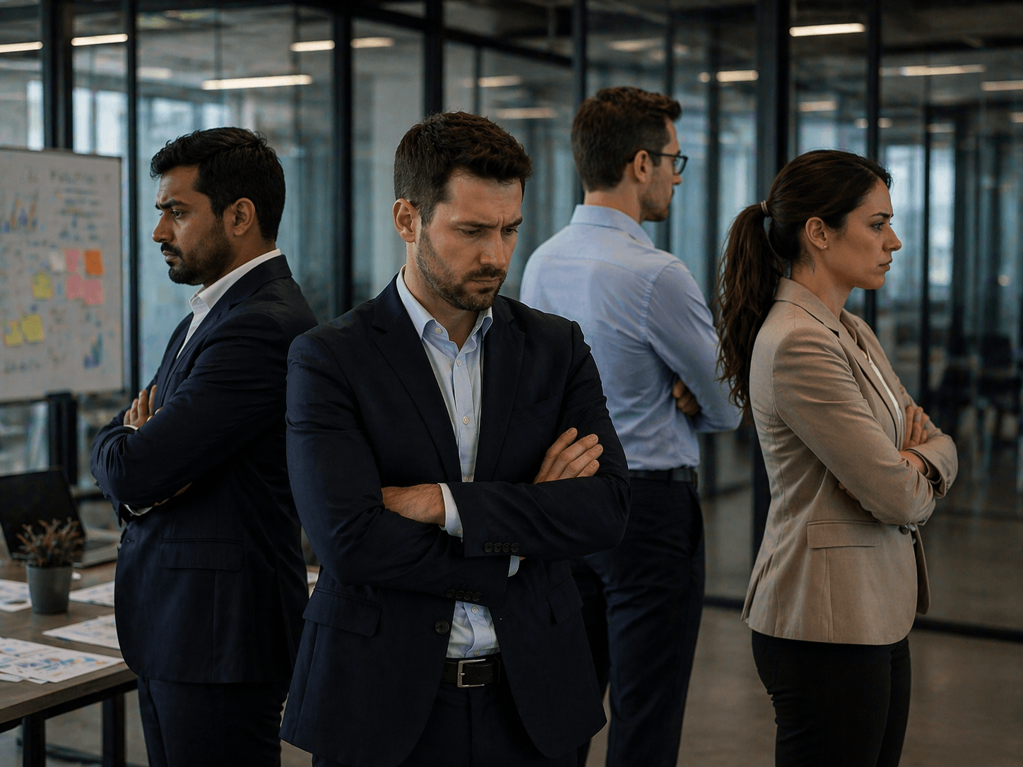 Four professionals stand facing away from each other with crossed arms in a modern office.