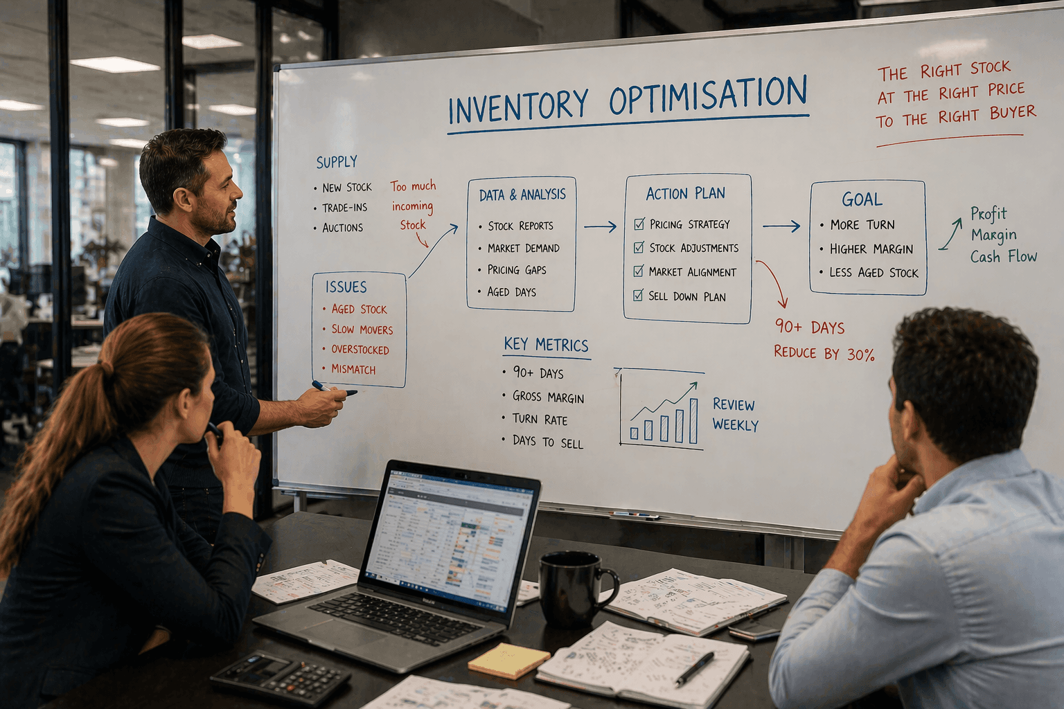 Business team analyzing an inventory optimization flowchart on a whiteboard during a meeting.