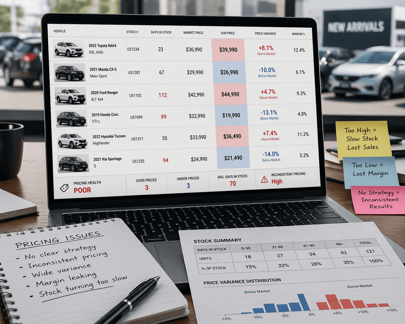Laptop displaying car inventory pricing dashboard with a notebook listing pricing strategy issues.
