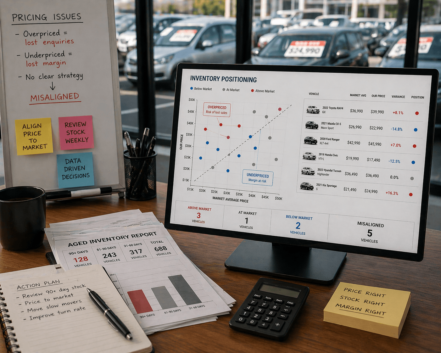 Car dealership desk with inventory data on a monitor, reports, and a pricing strategy whiteboard.